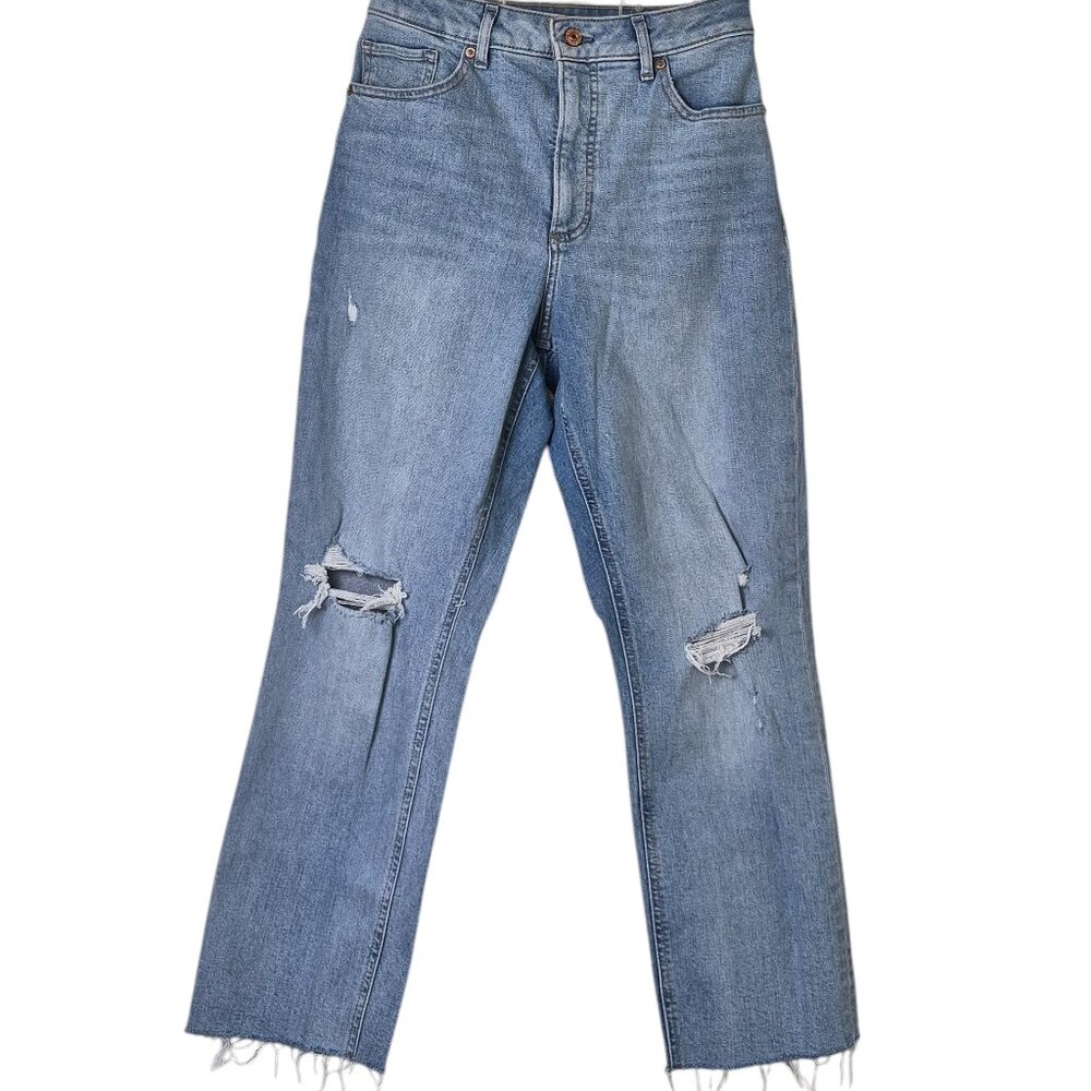 Express Curvy Mom Jeans Super High Rise Size 6 Med Wash Ripped Raw Hem Ankle
